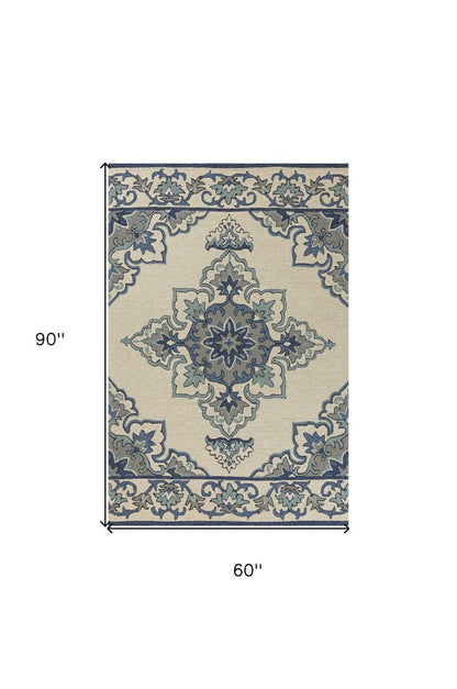 5' X 8' Ivory And Blue Damask Indoor Outdoor Area Rug