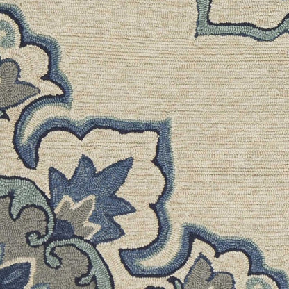 5' X 8' Ivory And Blue Damask Indoor Outdoor Area Rug