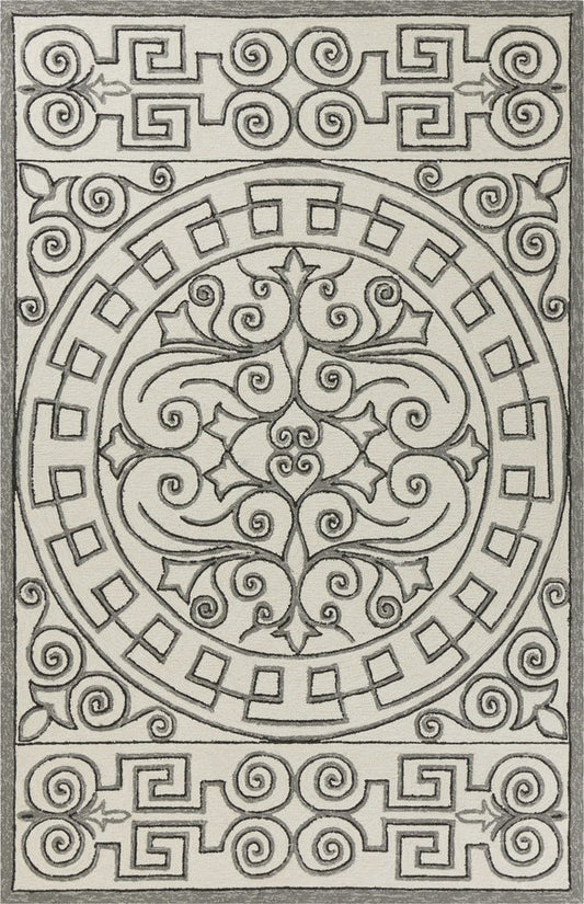 5' X 8' Gray And Ivory Damask Indoor Outdoor Area Rug