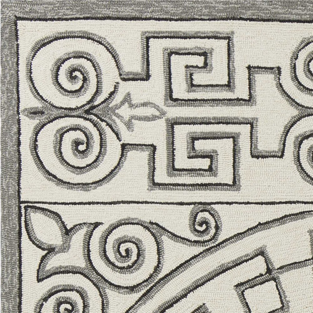 8' Gray And Ivory Round Damask Indoor Outdoor Area Rug