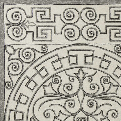 8' Gray And Ivory Round Damask Indoor Outdoor Area Rug