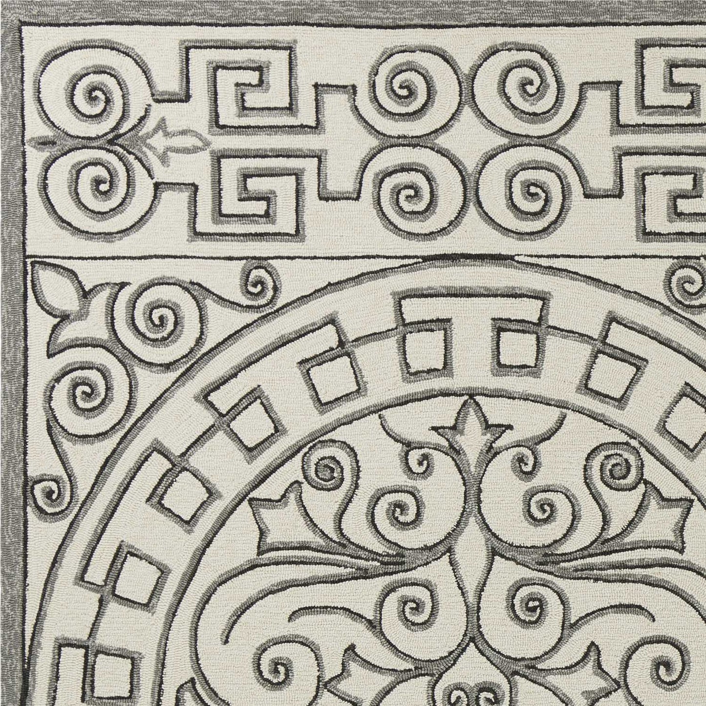 8' Gray And Ivory Round Damask Indoor Outdoor Area Rug