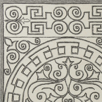 8' Gray And Ivory Round Damask Indoor Outdoor Area Rug