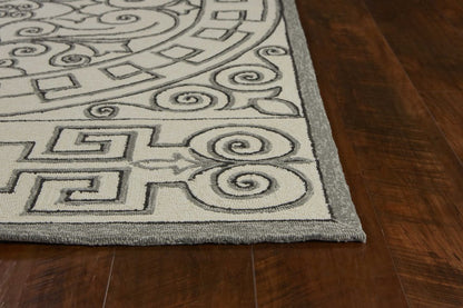 8' Gray And Ivory Round Damask Indoor Outdoor Area Rug