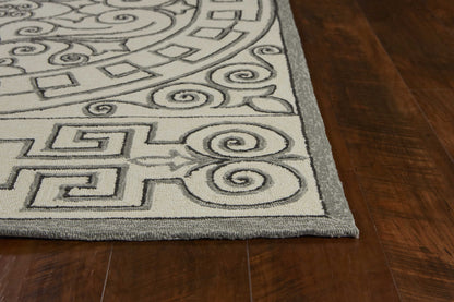 8' Gray And Ivory Round Damask Indoor Outdoor Area Rug