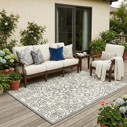 5' X 8' Gray And Ivory Damask Indoor Outdoor Area Rug