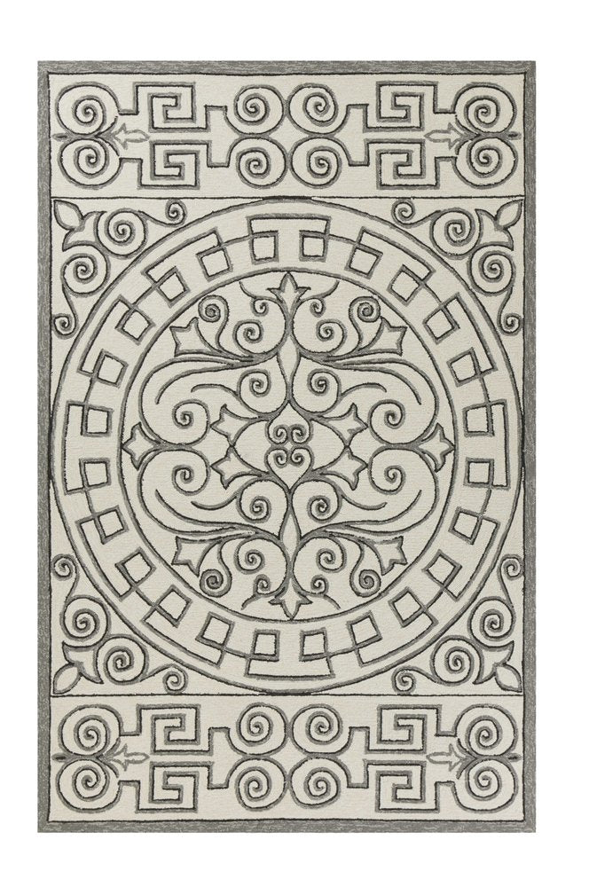 8' Gray And Ivory Round Damask Indoor Outdoor Area Rug