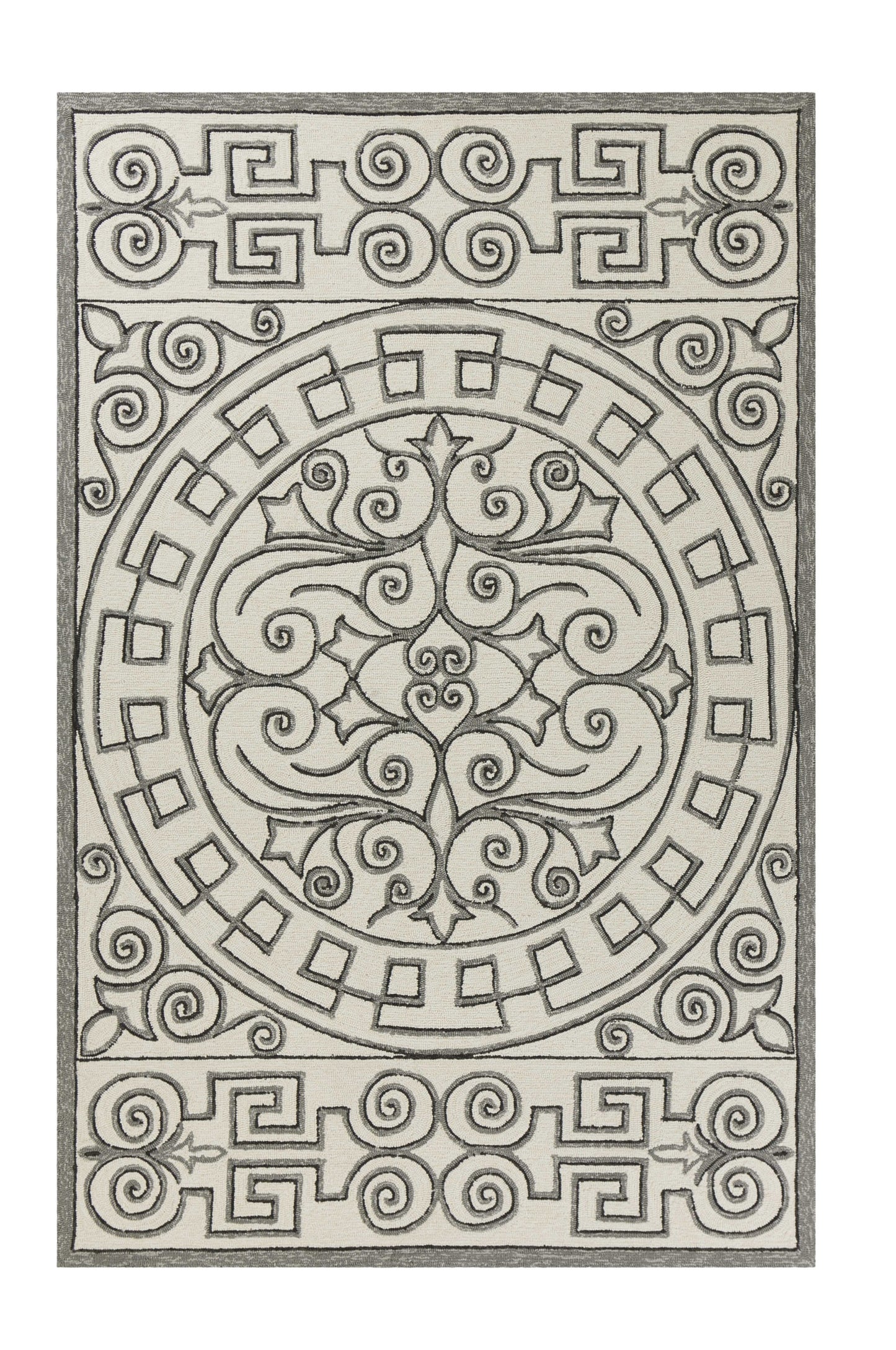 8' Gray And Ivory Round Damask Indoor Outdoor Area Rug