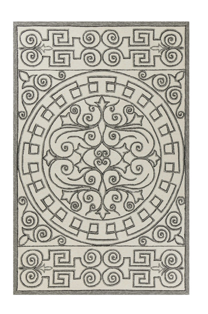 8' Gray And Ivory Round Damask Indoor Outdoor Area Rug