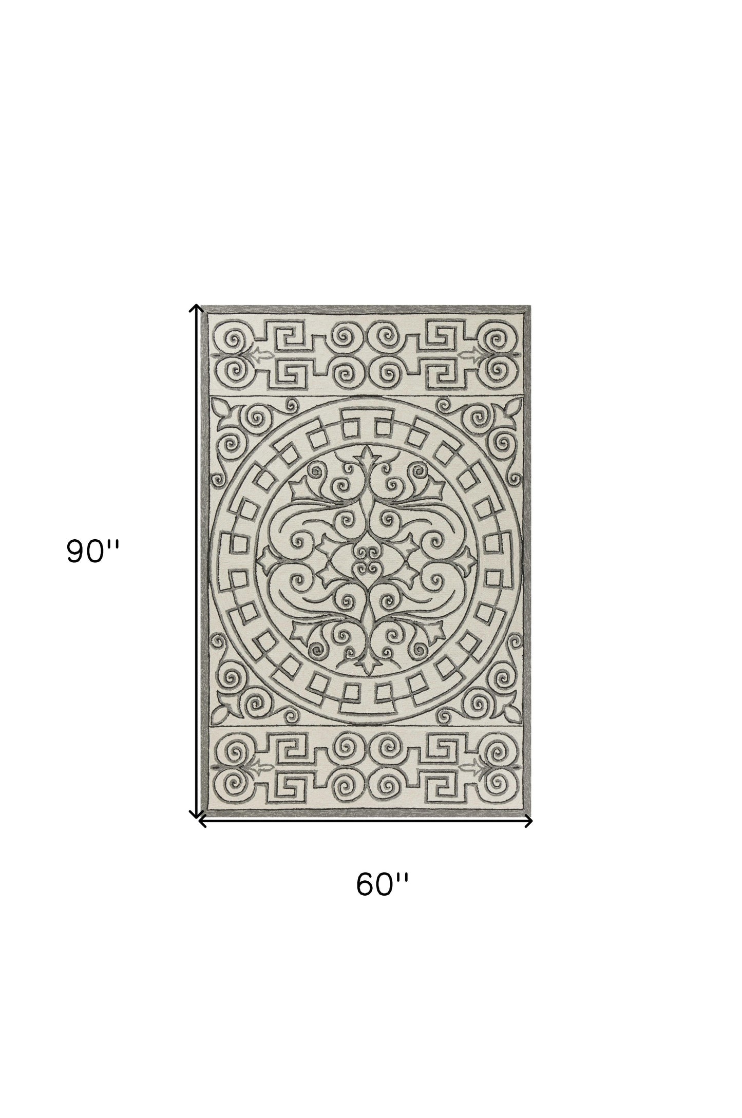 8' Gray And Ivory Round Damask Indoor Outdoor Area Rug