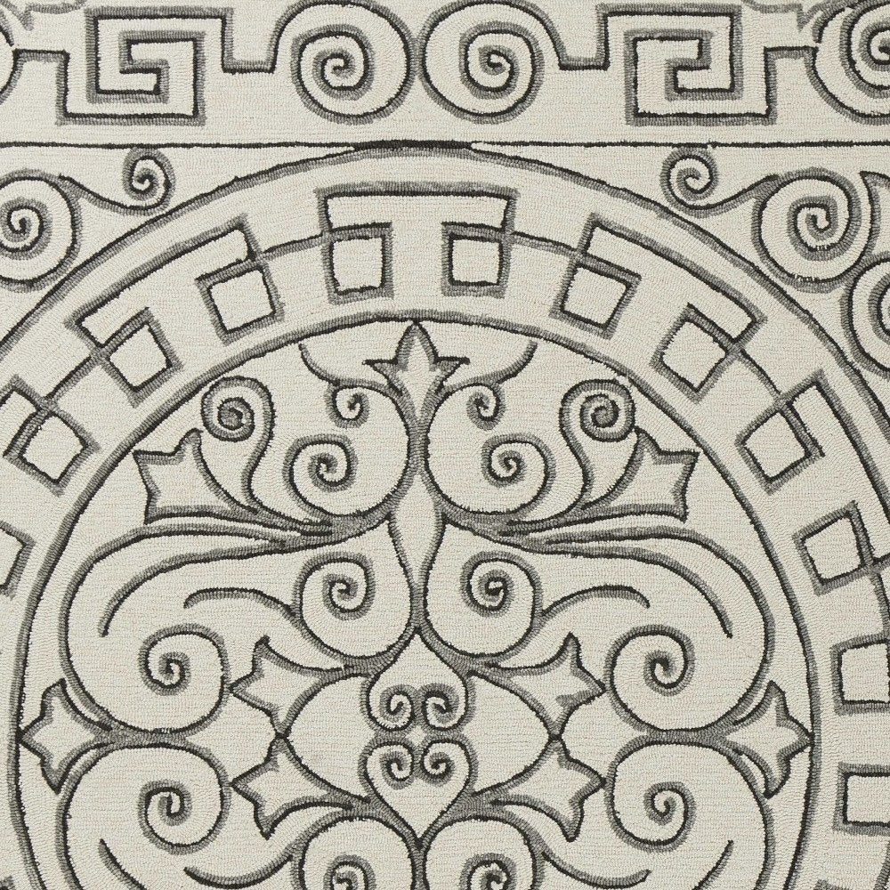 8' Gray And Ivory Round Damask Indoor Outdoor Area Rug