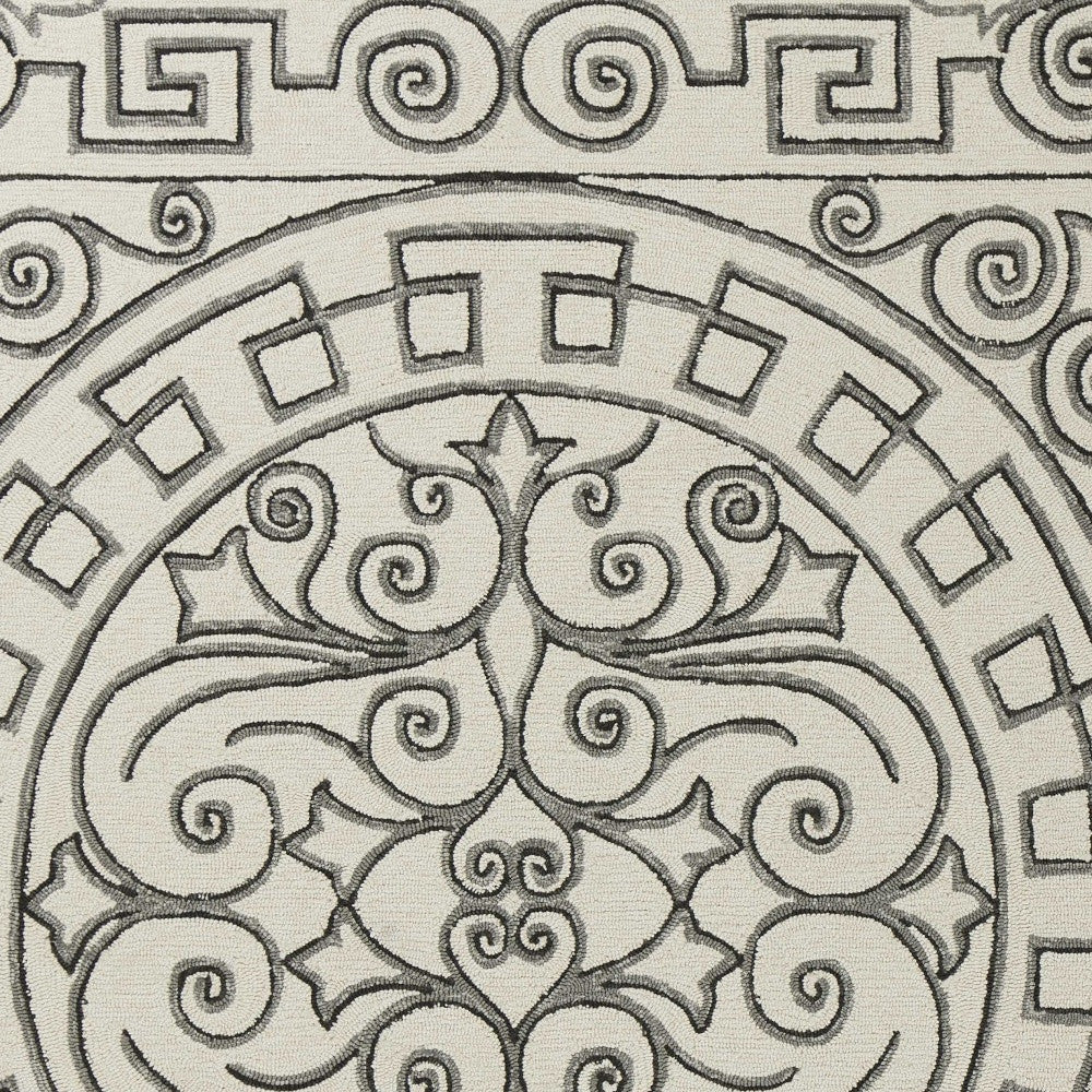 8' Gray And Ivory Round Damask Indoor Outdoor Area Rug