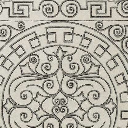 8' Gray And Ivory Round Damask Indoor Outdoor Area Rug