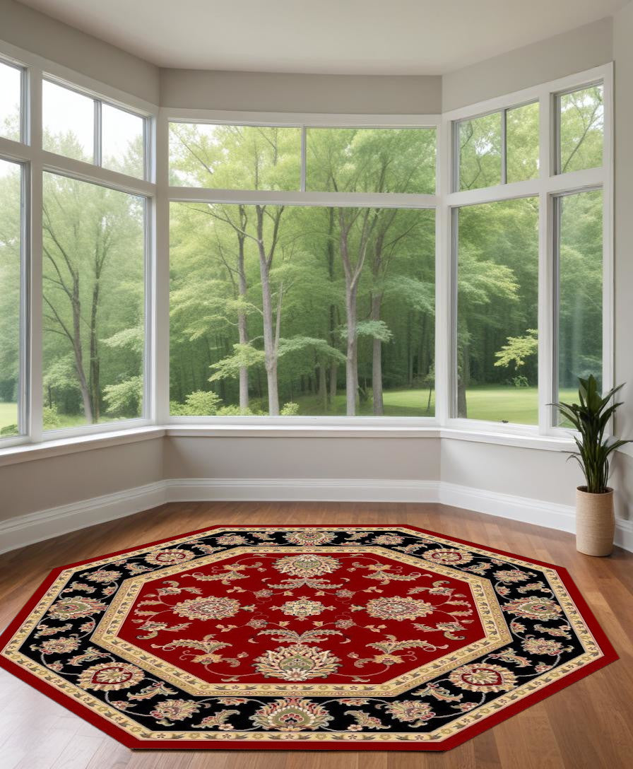 7' Octagon Red Or Black Floral Vines Bordered Indoor Area Rug