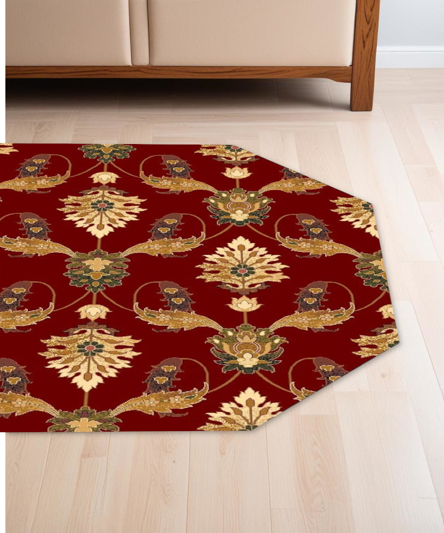 Red Octagon Floral Vines Area Rug