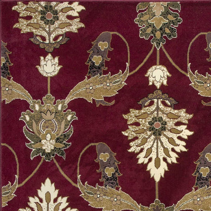 9' X 13' Red Beige And Brown Floral Vines Area Rug