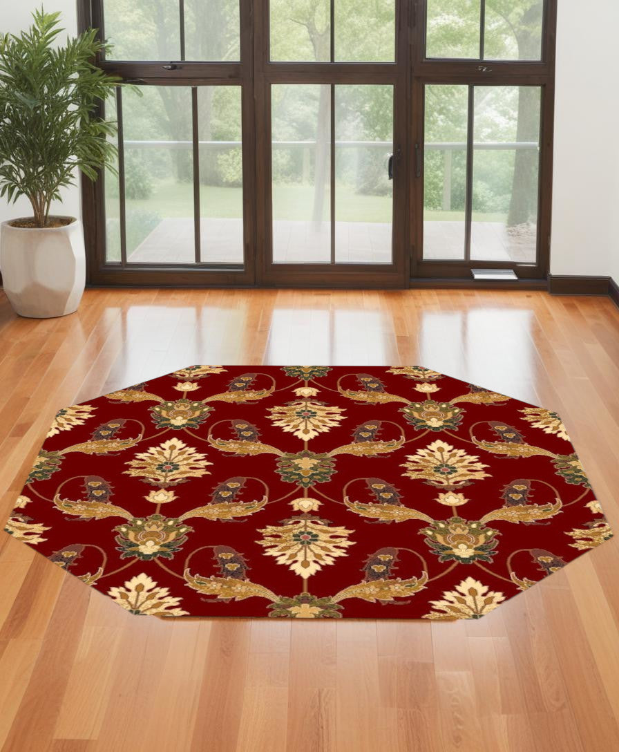 Red Octagon Floral Vines Area Rug