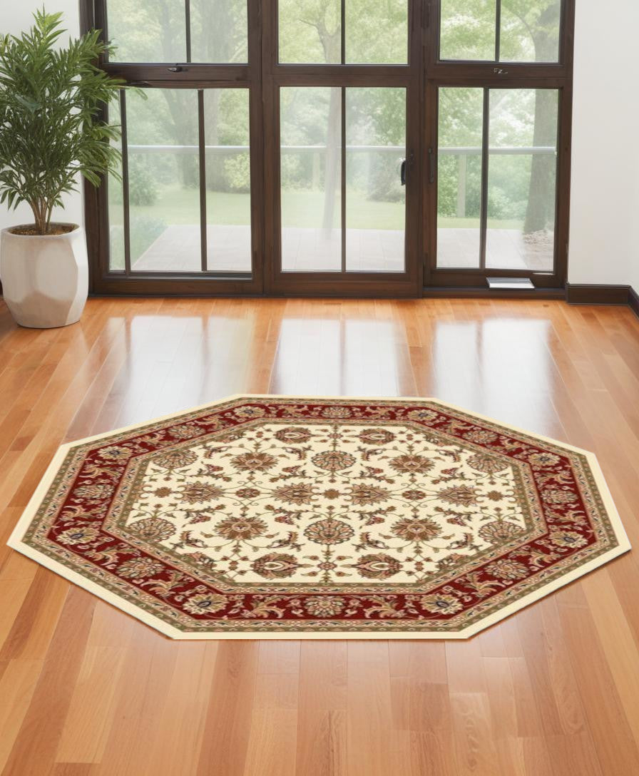 8' Red And Ivory Floral Medallion Runner Rug