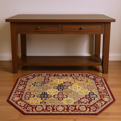 7' Red Orange And Black Quatrefoil Octagon Rug
