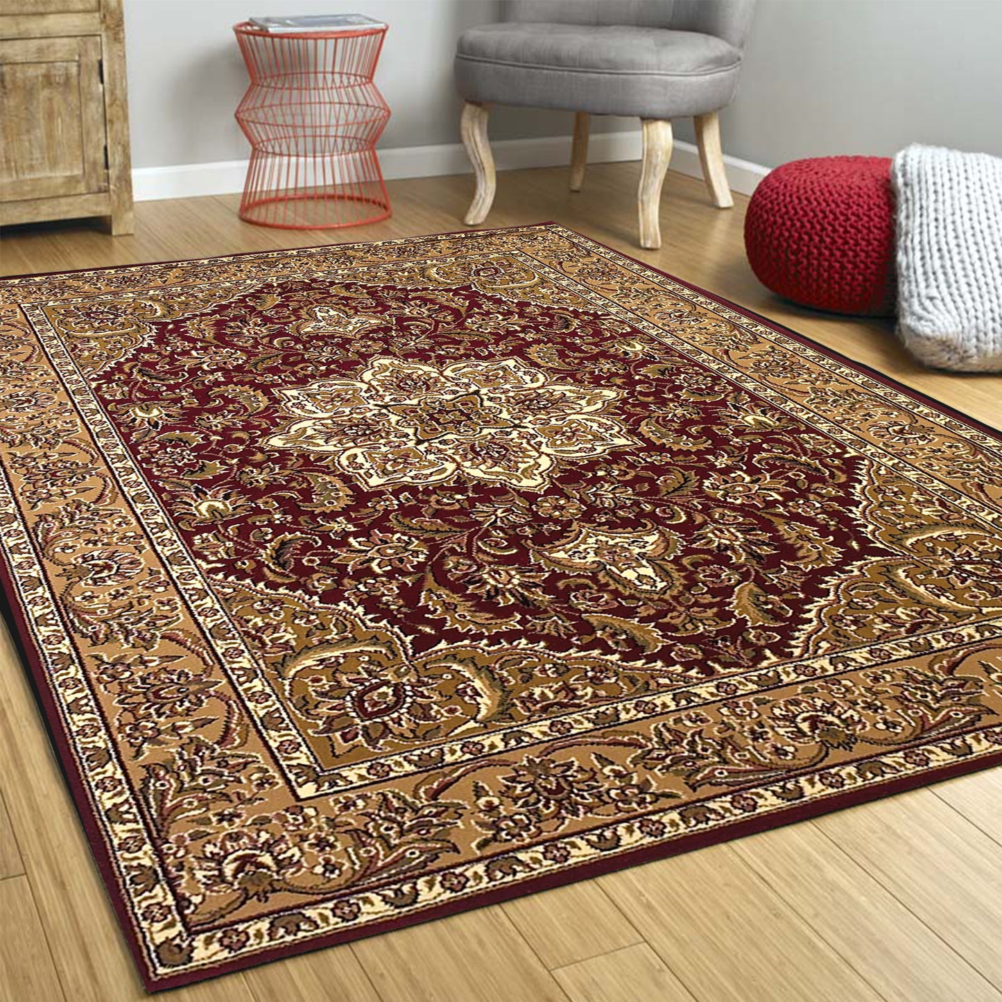 Red And Beige Octagon Medallion Area Rug