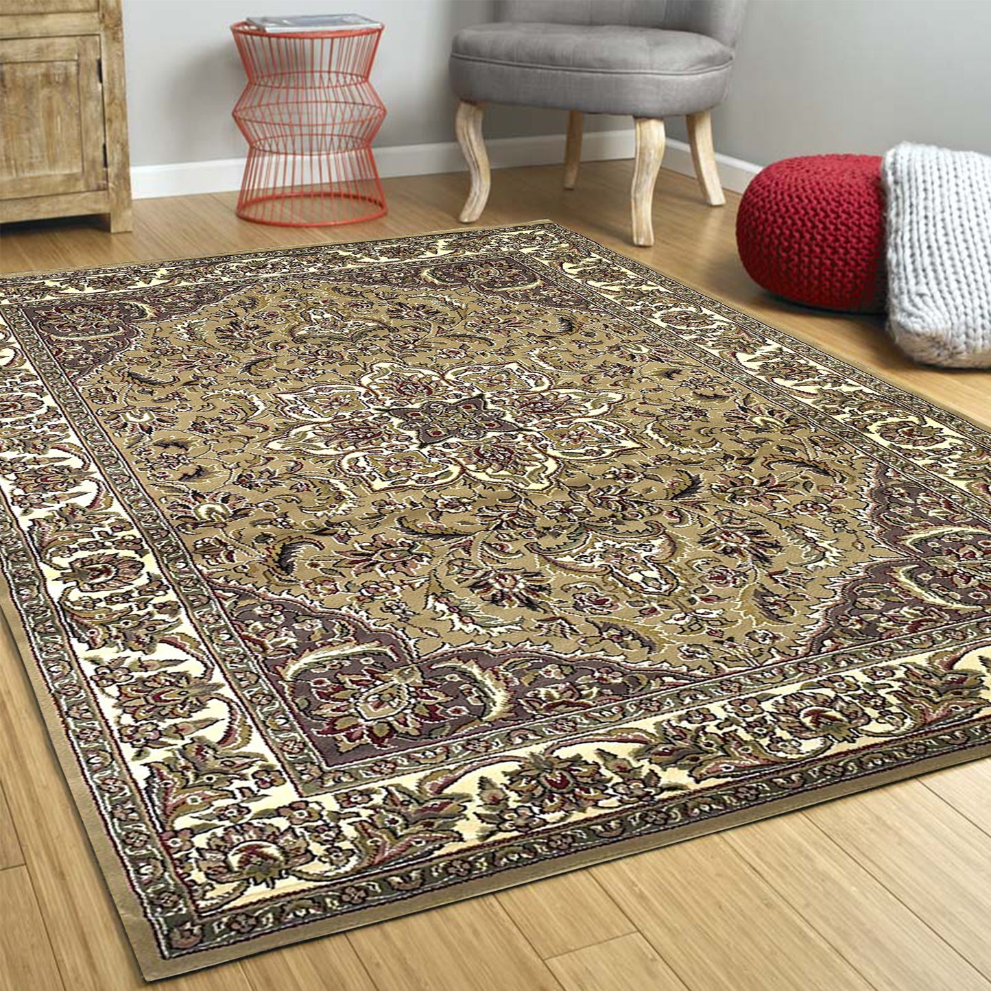 8' Beige And Ivory Floral Medallion Octagon Rug