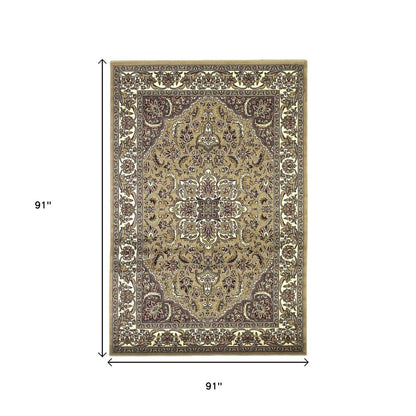 8' Beige And Ivory Floral Medallion Octagon Rug