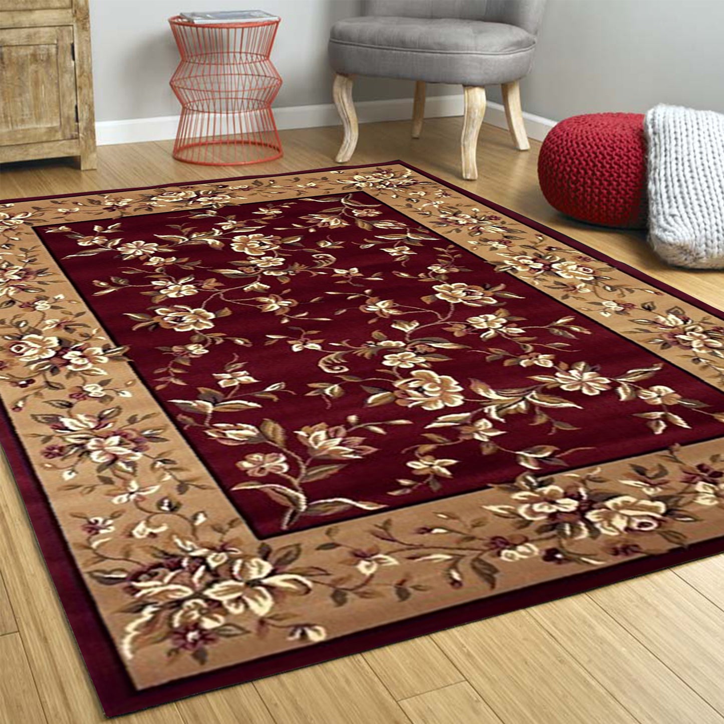 2' X 3' Red Beige Machine Woven Floral Traditional Indoor Accent Rug