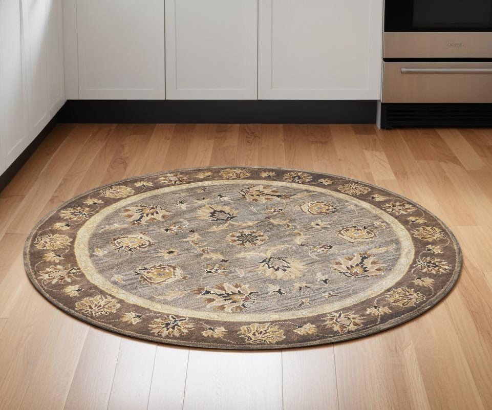 6' Grey Mocha Hand Tufted Traditional Round Indoor Area Rug