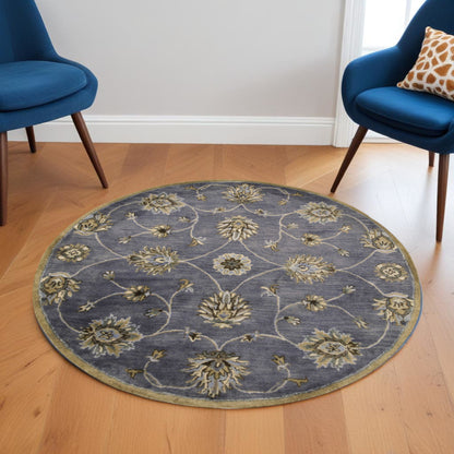 7' Dark Gray Green And Brown Wool Floral Hand Tufted Runner Rug