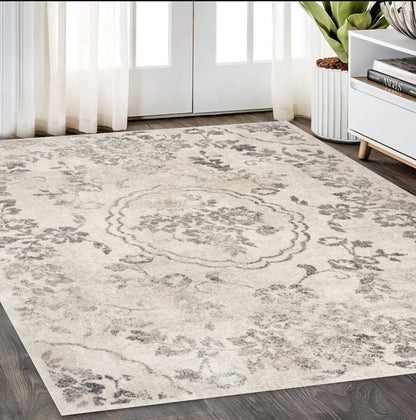 9' X 13' Grey Machine Woven Distressed Floral Traditional Indoor Area Rug