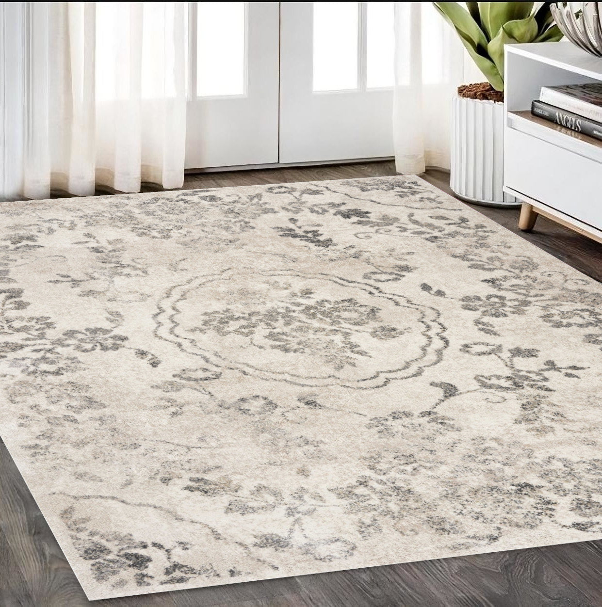 9' X 13' Grey Machine Woven Distressed Floral Traditional Indoor Area Rug