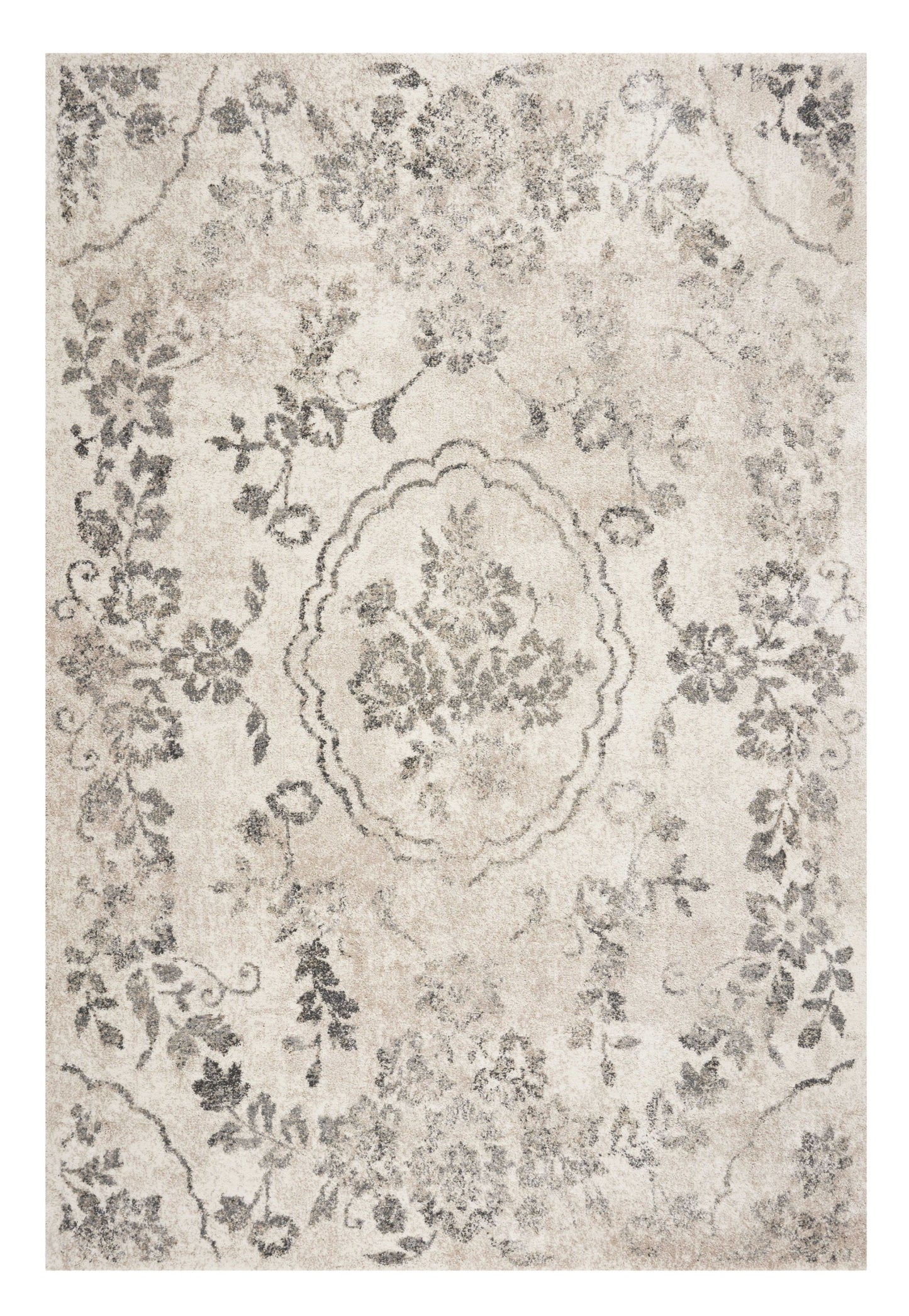 9' X 13' Grey Machine Woven Distressed Floral Traditional Indoor Area Rug