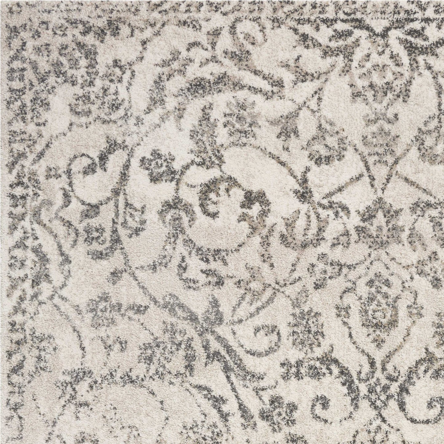 8' X 10' Ivory and Gray Floral Vines Distressed Area Rug