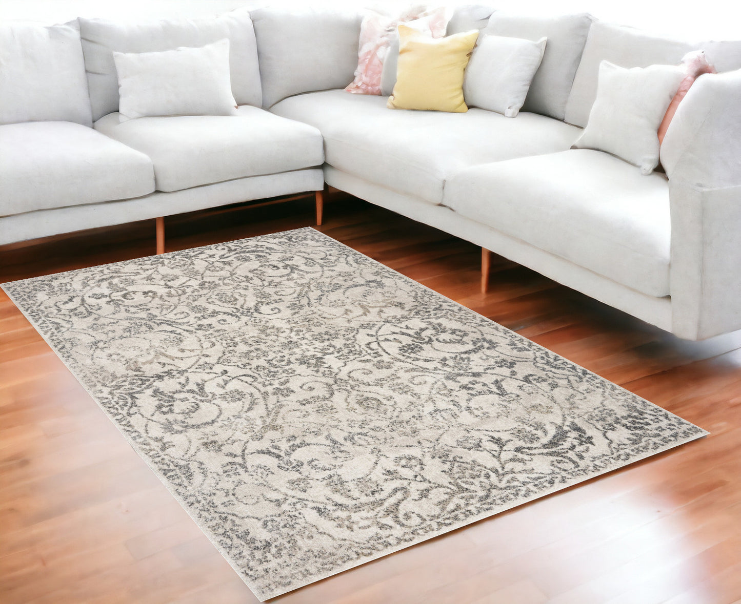 8' X 10' Ivory and Gray Floral Vines Distressed Area Rug