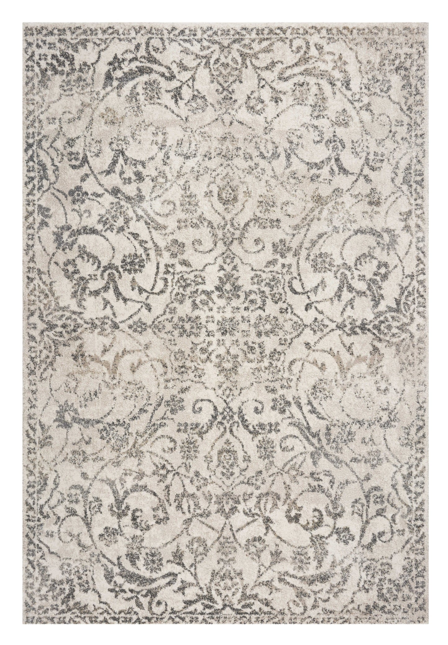 8' X 10' Ivory and Gray Floral Vines Distressed Area Rug