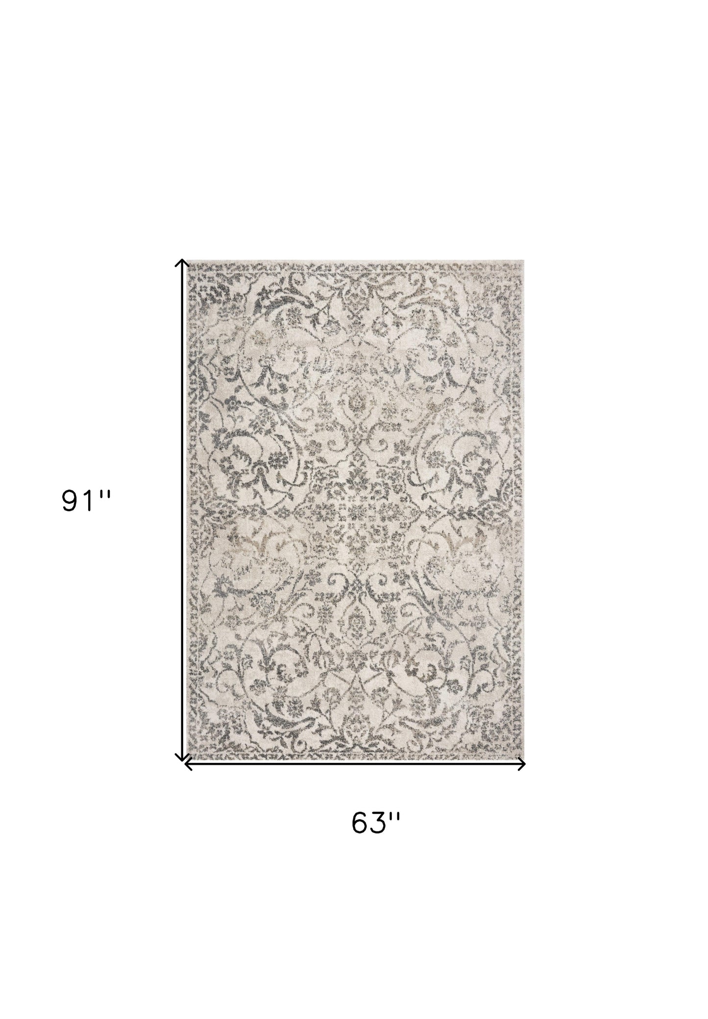 8' X 10' Ivory and Gray Floral Vines Distressed Area Rug