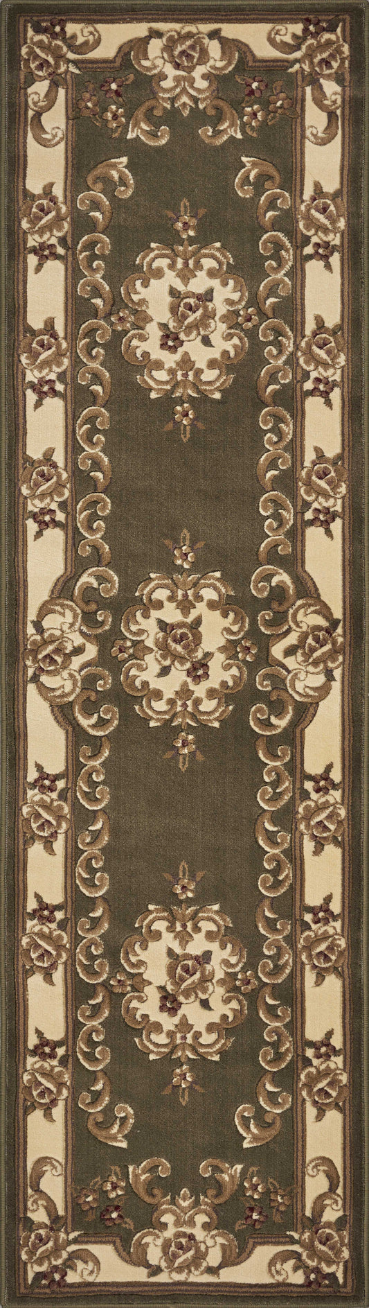 8' Green and Ivory Medallion Runner Rug