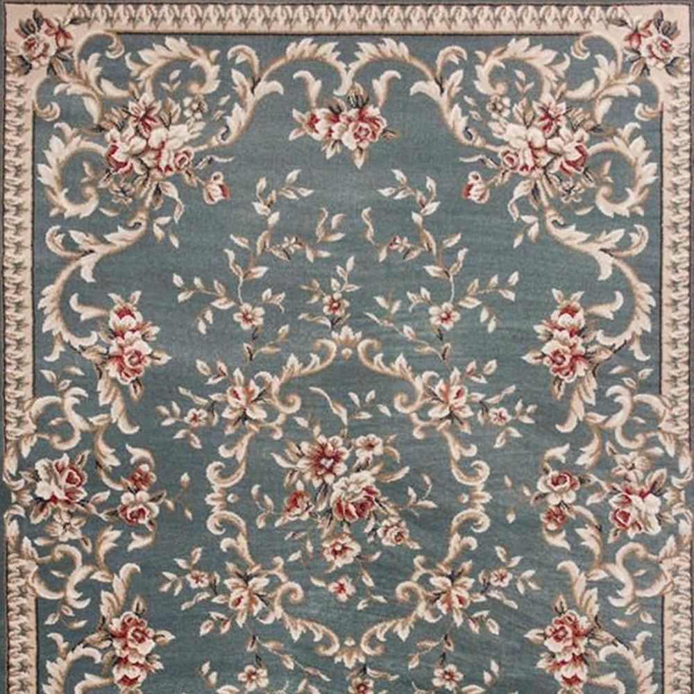 8' X 10' Slate Blue Floral Bordered Indoor Area Rug