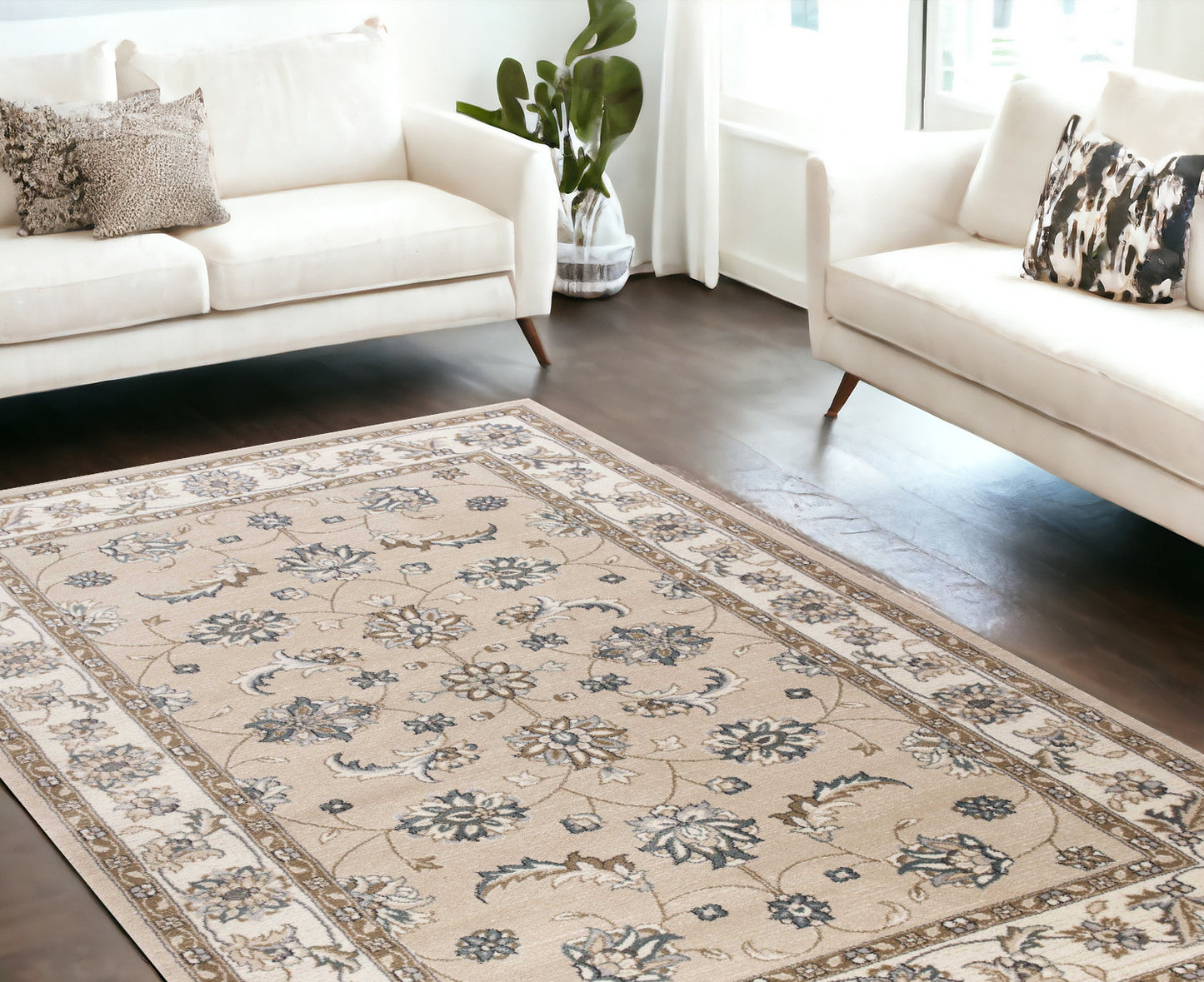 3' X 5' Beige and Ivory Floral Area Rug