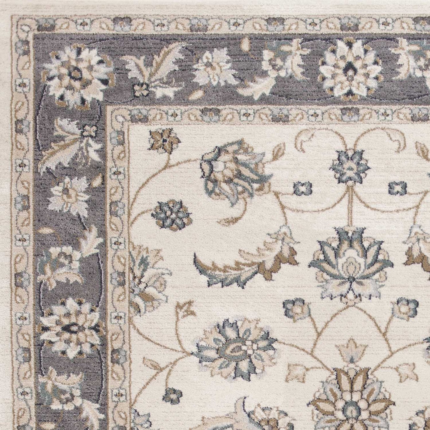 9' X 12' Ivory Grey Bordered Floral Indoor Area Rug