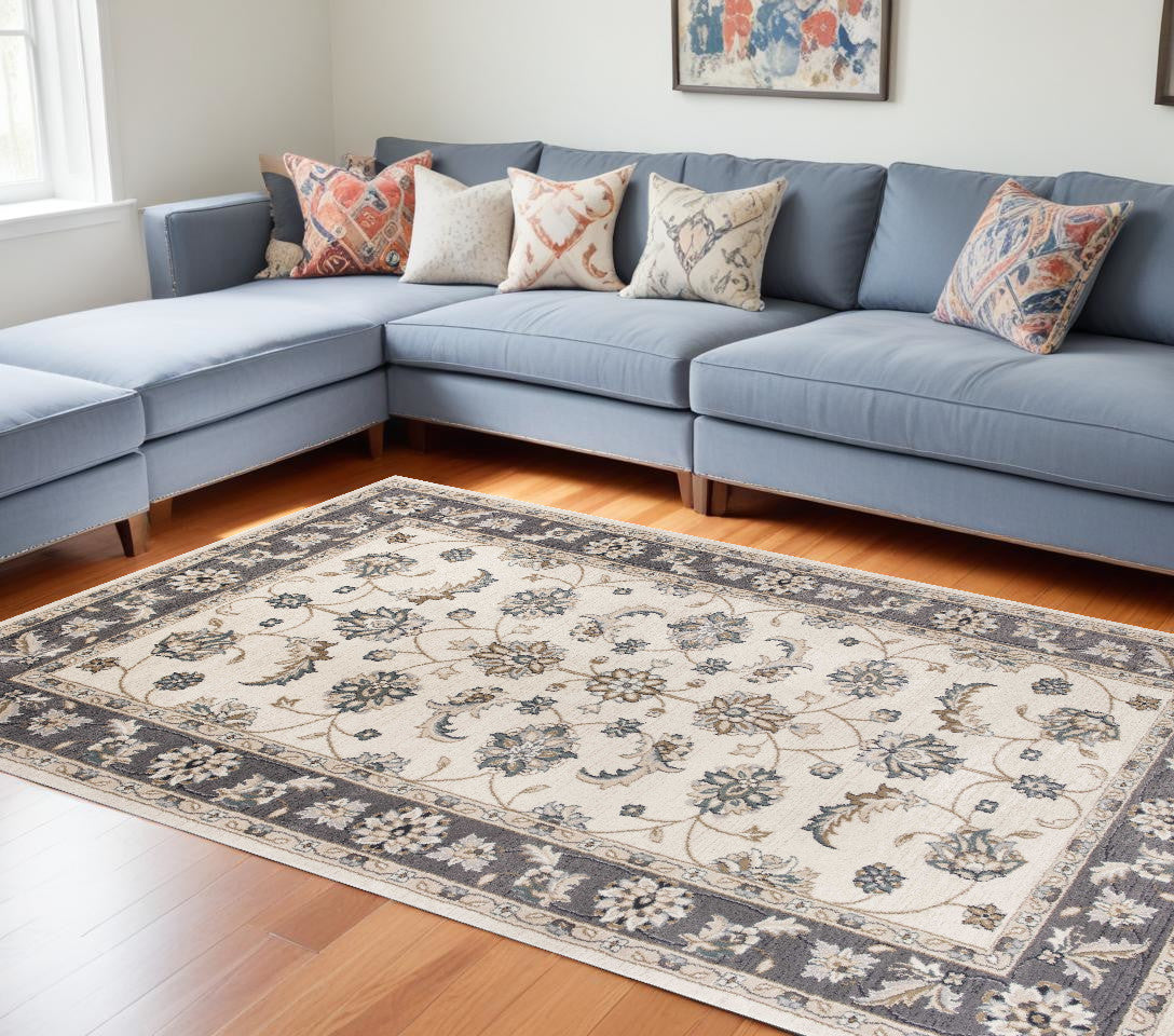 9' X 12' Ivory Grey Bordered Floral Indoor Area Rug