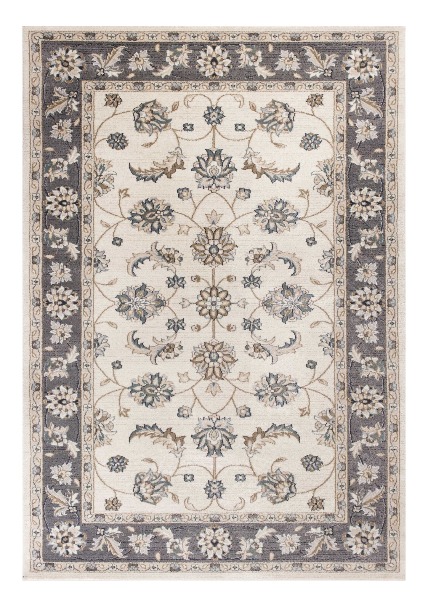 9' X 12' Ivory Grey Bordered Floral Indoor Area Rug