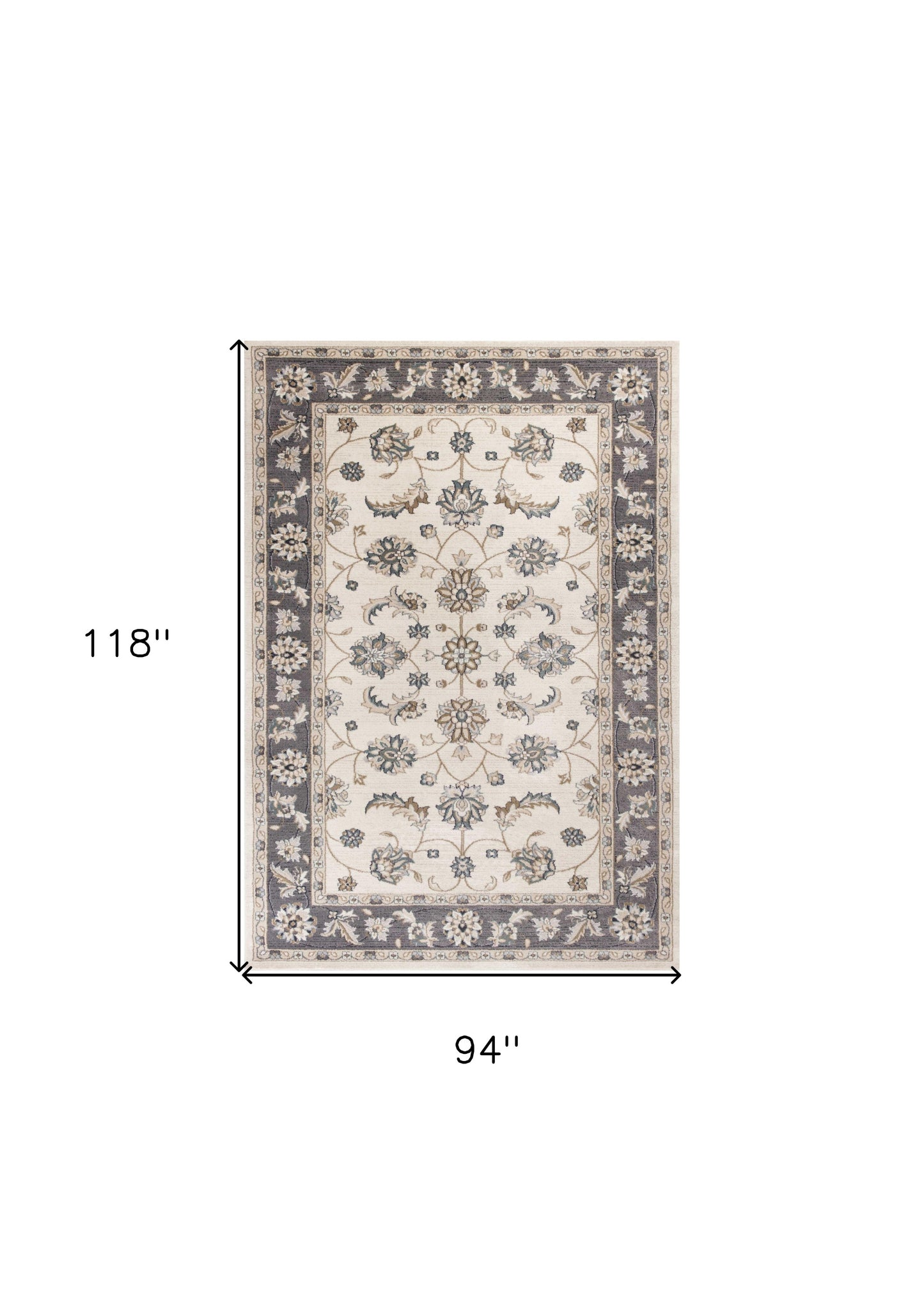 9' X 12' Ivory Grey Bordered Floral Indoor Area Rug