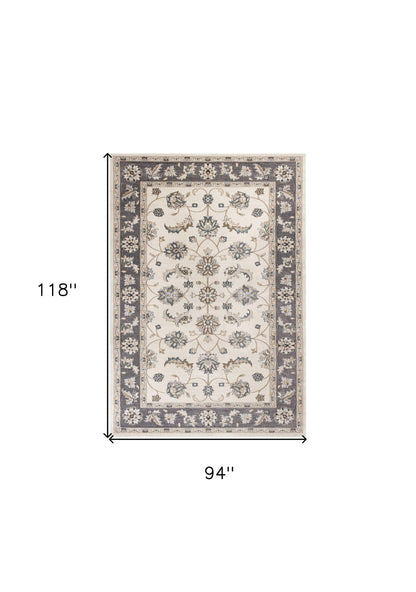 9' X 12' Ivory Grey Bordered Floral Indoor Area Rug