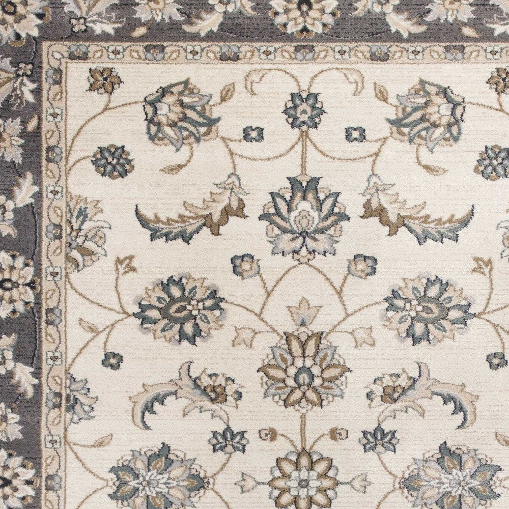 9' X 12' Ivory Grey Bordered Floral Indoor Area Rug