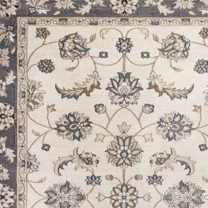 9' X 12' Ivory Grey Bordered Floral Indoor Area Rug