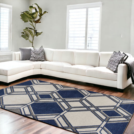 5' X 8' Ivory Or Denim Geometric Diamond Uv Treated Area Rug