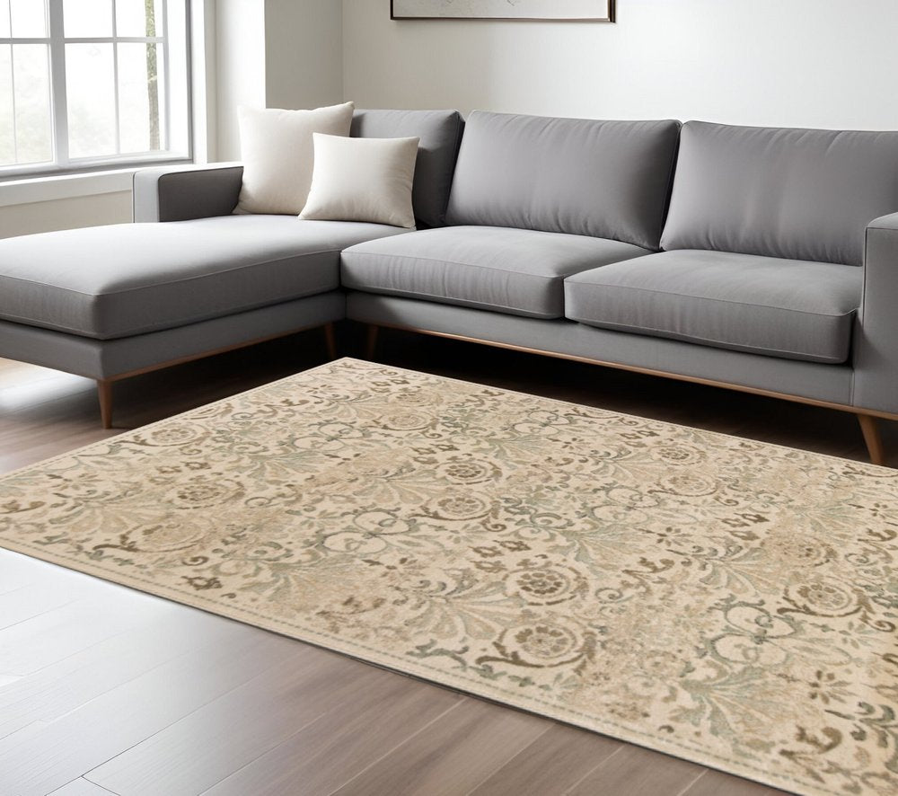 5' X 8' Ivory And Brown Floral Medallion Area Rug