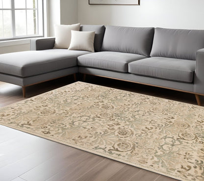 8' X 11' Ivory And Brown Floral Medallion Area Rug