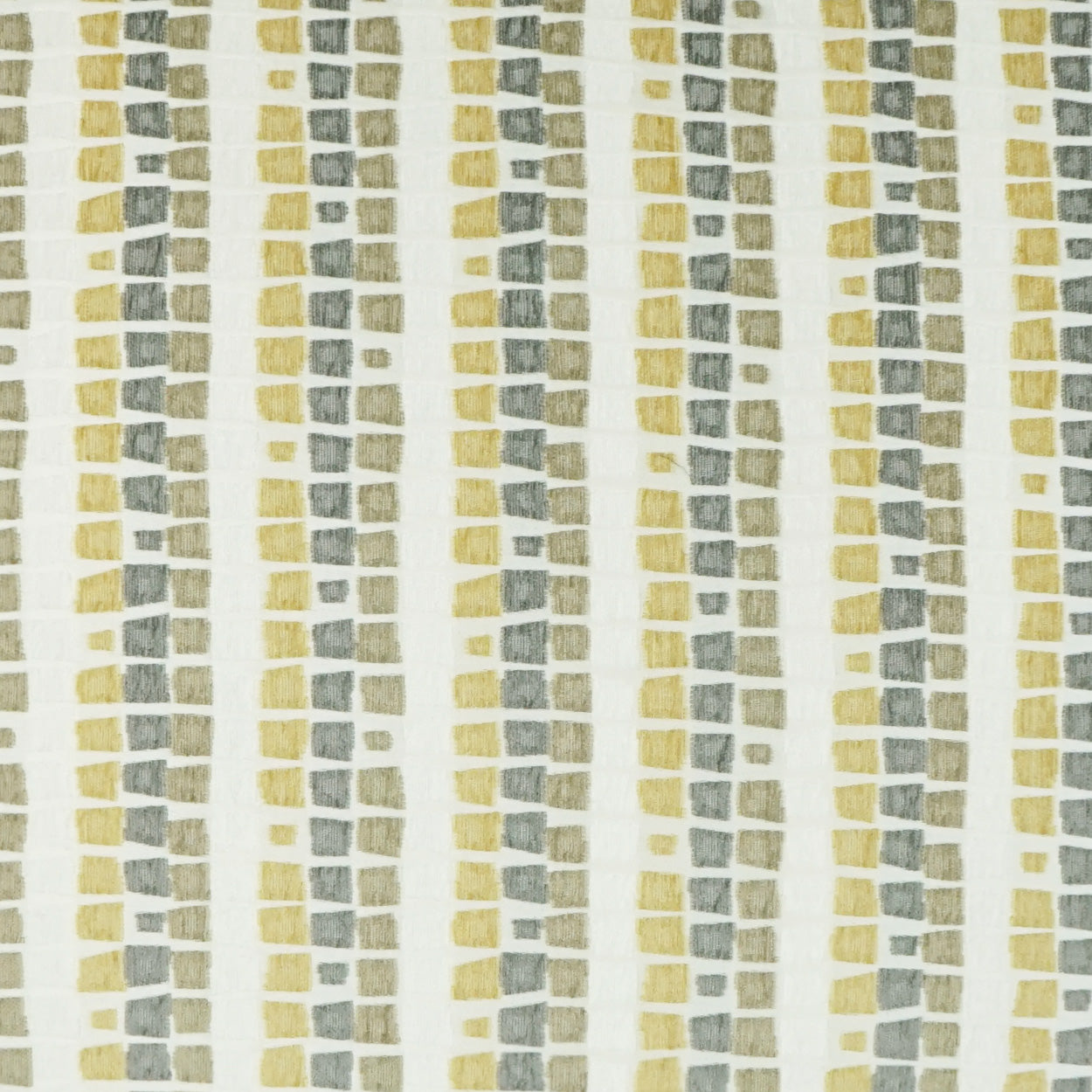 Fabric pattern with vertical rows of small mustard yellow and slate gray squares on a light neutral background.